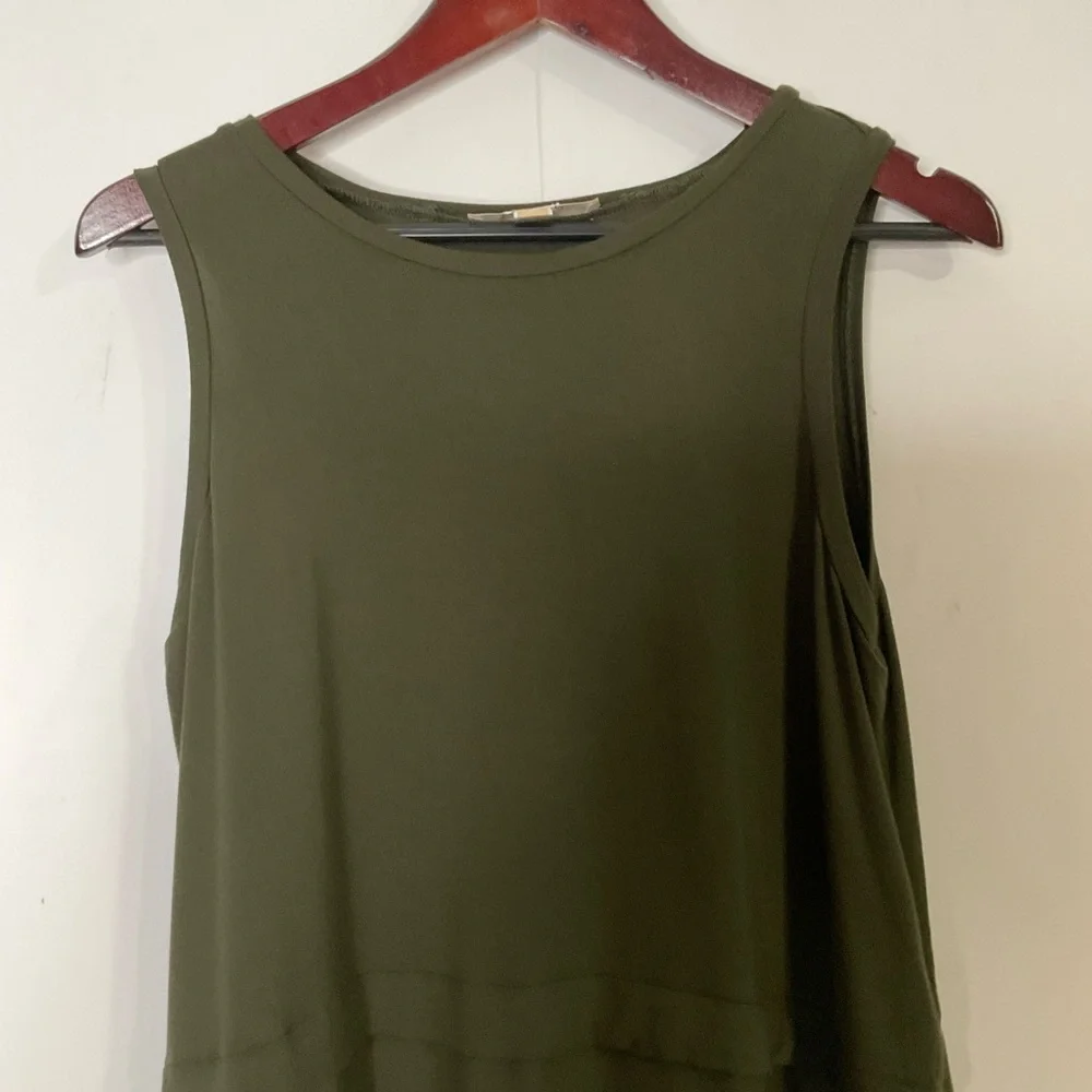 Michael Kors Army Green Sheer Layered Panels; Logo Emblem Tank Top; Size Medium